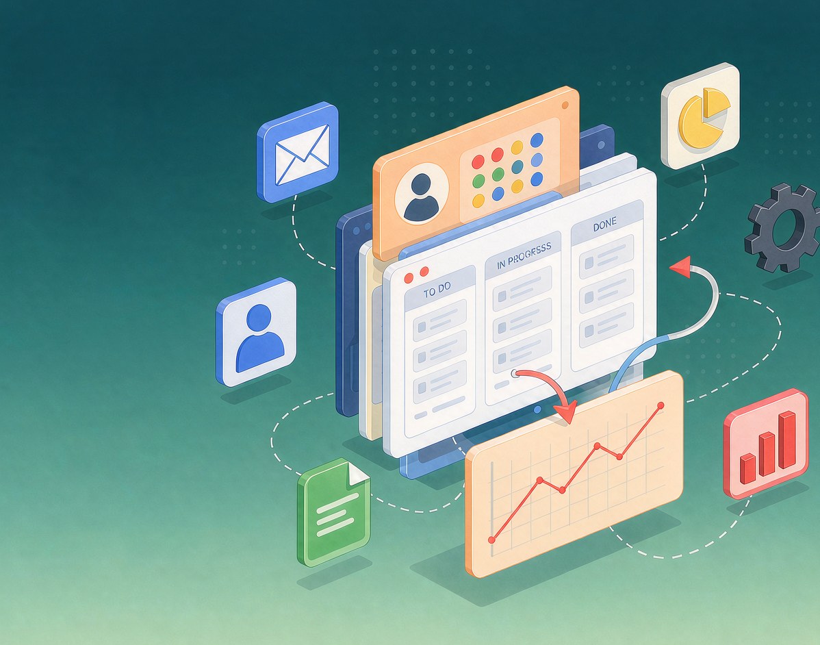 Connected SaaS software tools working together across a business